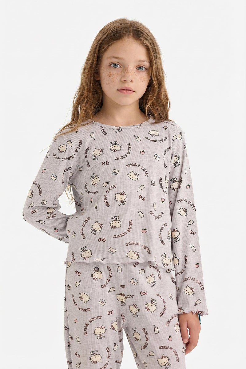 DeFacto Grey Girl Girl Hello Kitty Ribbed Camisole 2 Piece Pajama Set Casual - Image 3